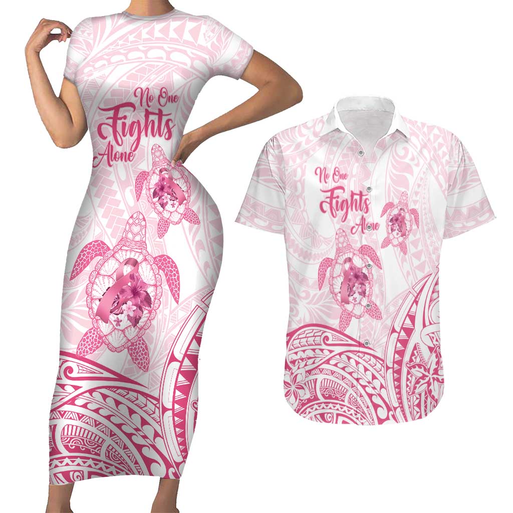 Personalised Polynesia Breast Cancer Awareness Couples Matching Short Sleeve Bodycon Dress and Hawaiian Shirt No One Fights Alone Turtle Ribbon - White Version LT14 White - Polynesian Pride