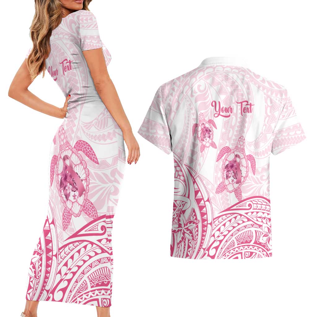Personalised Polynesia Breast Cancer Awareness Couples Matching Short Sleeve Bodycon Dress and Hawaiian Shirt No One Fights Alone Turtle Ribbon - White Version LT14 - Polynesian Pride