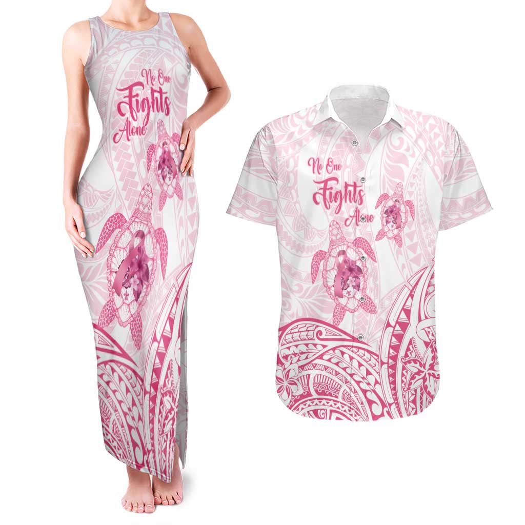 Personalised Polynesia Breast Cancer Awareness Couples Matching Tank Maxi Dress and Hawaiian Shirt No One Fights Alone Turtle Ribbon - White Version LT14 White - Polynesian Pride