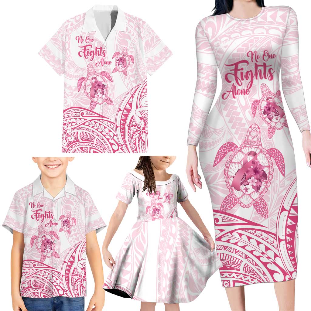 Personalised Polynesia Breast Cancer Awareness Family Matching Long Sleeve Bodycon Dress and Hawaiian Shirt No One Fights Alone Turtle Ribbon - White Version LT14 - Polynesian Pride