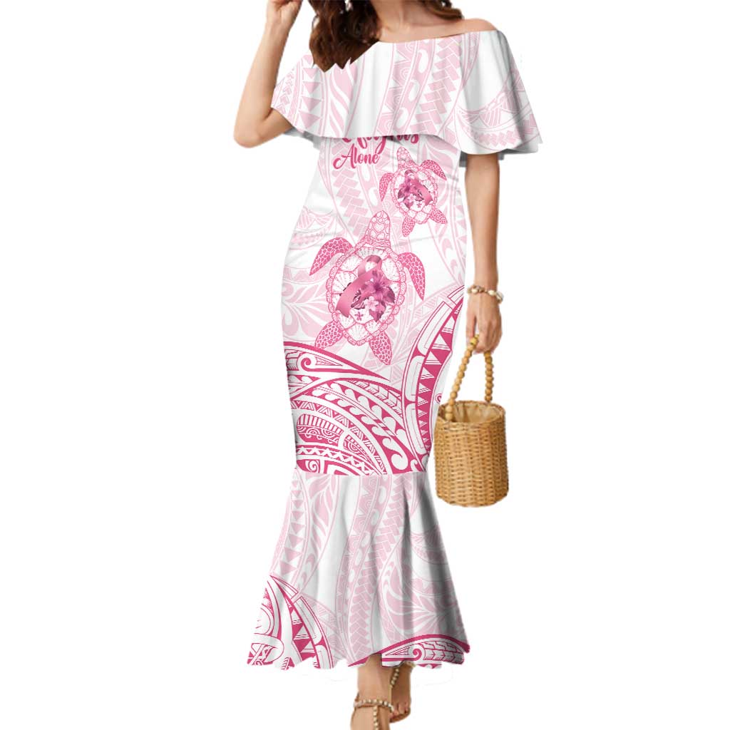 Personalised Polynesia Breast Cancer Awareness Family Matching Mermaid Dress and Hawaiian Shirt No One Fights Alone Turtle Ribbon - White Version LT14 Mom's Dress White - Polynesian Pride