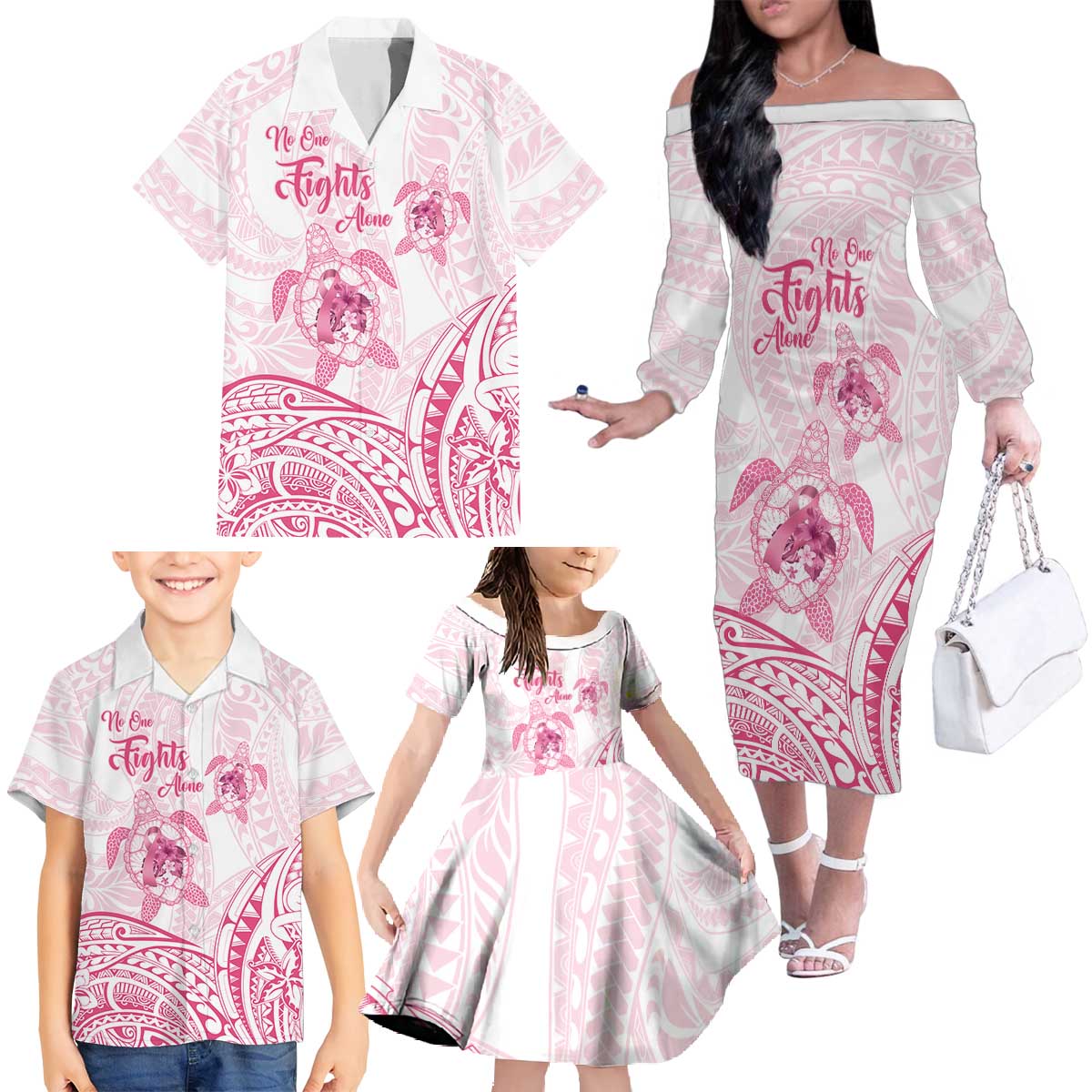 Personalised Polynesia Breast Cancer Awareness Family Matching Off The Shoulder Long Sleeve Dress and Hawaiian Shirt No One Fights Alone Turtle Ribbon - White Version LT14 - Polynesian Pride