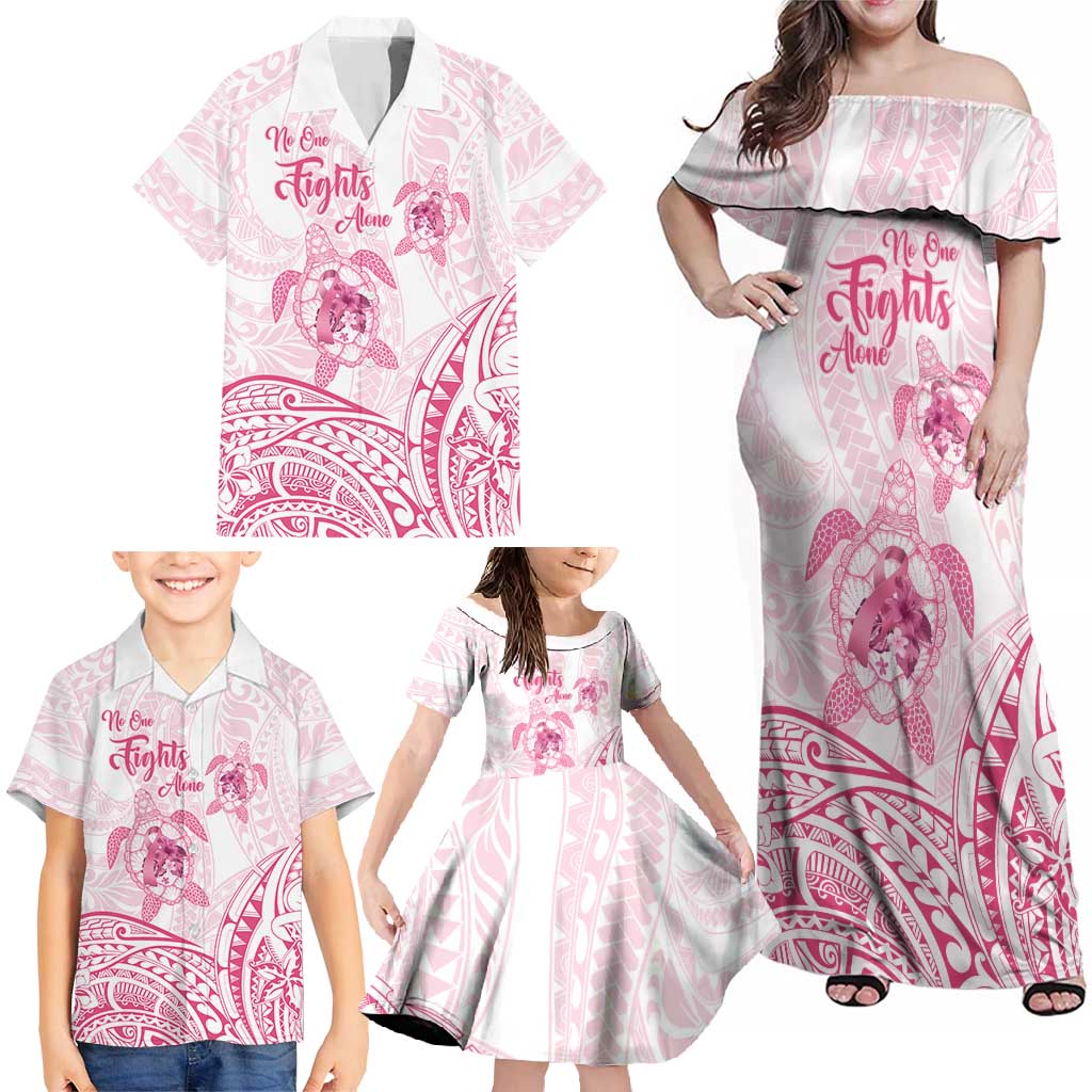 Personalised Polynesia Breast Cancer Awareness Family Matching Off Shoulder Maxi Dress and Hawaiian Shirt No One Fights Alone Turtle Ribbon - White Version LT14 - Polynesian Pride