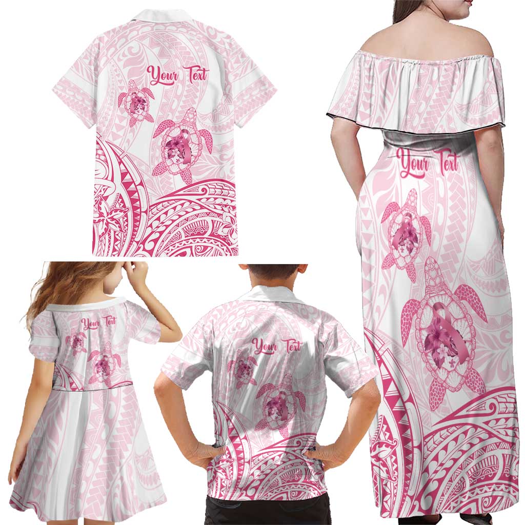 Personalised Polynesia Breast Cancer Awareness Family Matching Off Shoulder Maxi Dress and Hawaiian Shirt No One Fights Alone Turtle Ribbon - White Version LT14 - Polynesian Pride