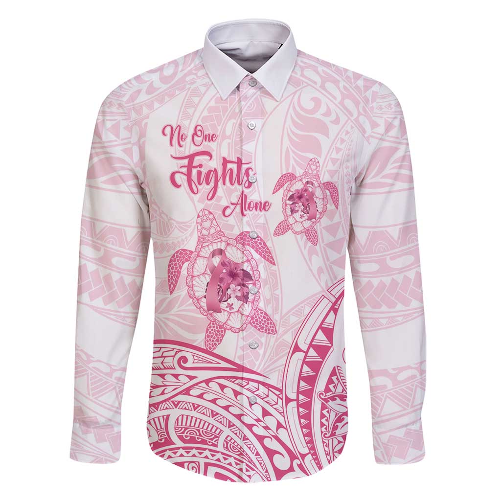 Personalised Polynesia Breast Cancer Awareness Family Matching Off Shoulder Maxi Dress and Hawaiian Shirt No One Fights Alone Turtle Ribbon - White Version LT14 Dad's Shirt - Long Sleeve White - Polynesian Pride