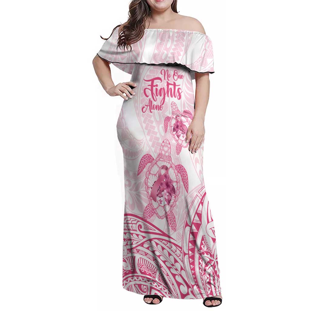 Personalised Polynesia Breast Cancer Awareness Family Matching Off Shoulder Maxi Dress and Hawaiian Shirt No One Fights Alone Turtle Ribbon - White Version LT14 Mom's Dress White - Polynesian Pride