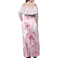 Personalised Polynesia Breast Cancer Awareness Family Matching Off Shoulder Maxi Dress and Hawaiian Shirt No One Fights Alone Turtle Ribbon - White Version LT14 - Polynesian Pride