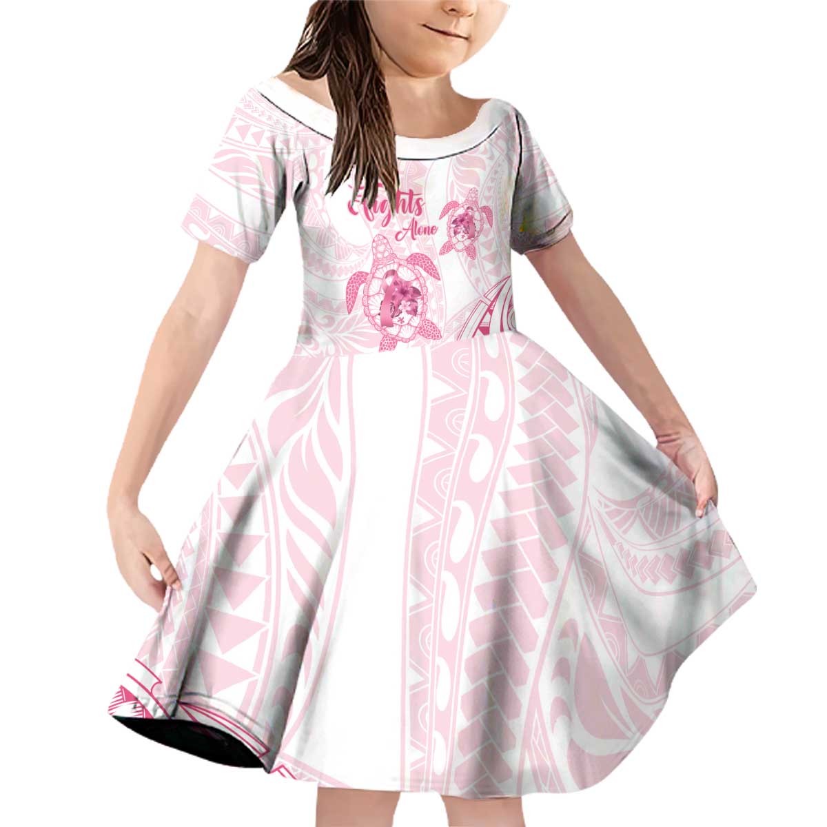 Personalised Polynesia Breast Cancer Awareness Family Matching Off Shoulder Short Dress and Hawaiian Shirt No One Fights Alone Turtle Ribbon - White Version LT14 Daughter's Dress White - Polynesian Pride