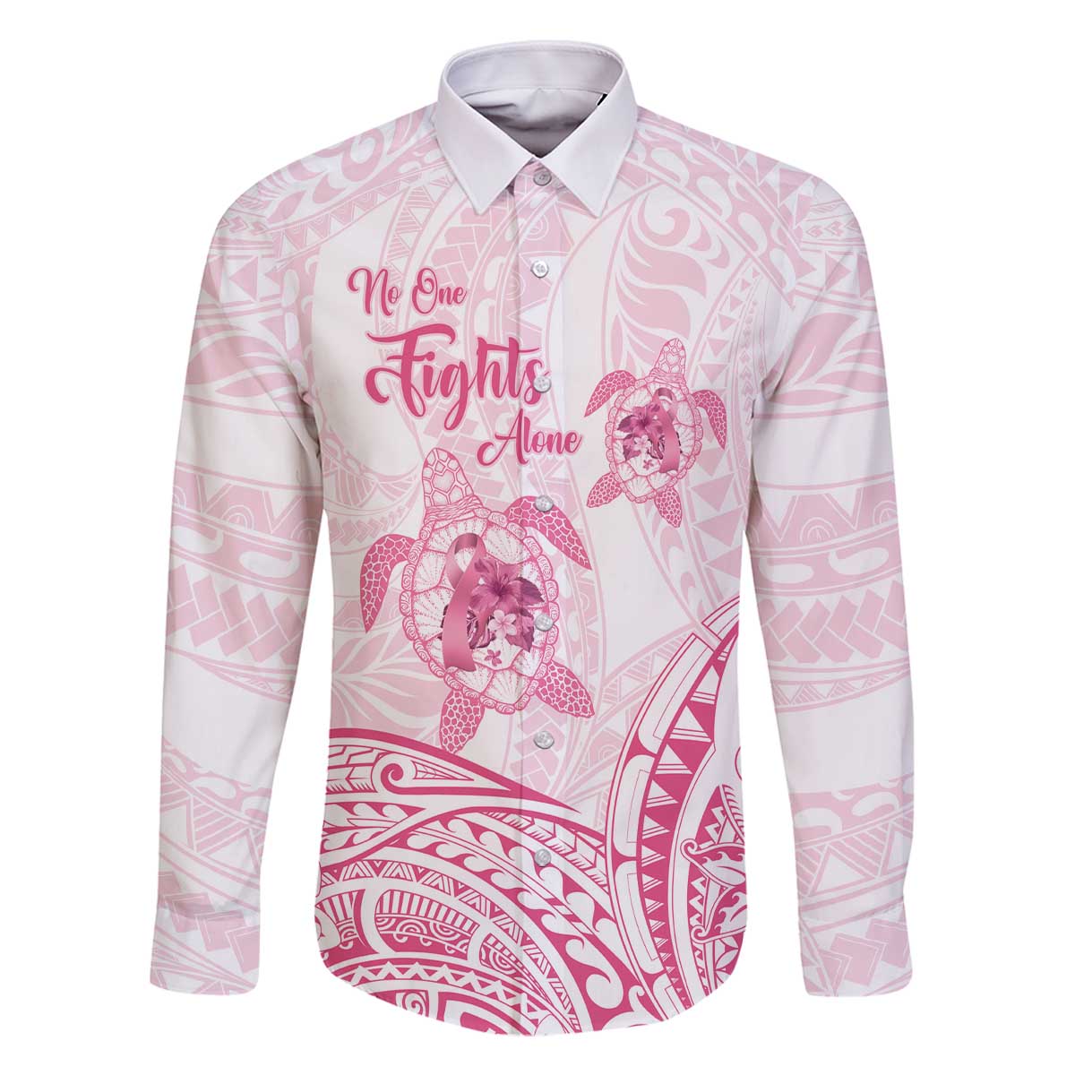 Personalised Polynesia Breast Cancer Awareness Family Matching Off Shoulder Short Dress and Hawaiian Shirt No One Fights Alone Turtle Ribbon - White Version LT14 Dad's Shirt - Long Sleeve White - Polynesian Pride