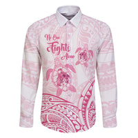 Personalised Polynesia Breast Cancer Awareness Family Matching Off Shoulder Short Dress and Hawaiian Shirt No One Fights Alone Turtle Ribbon - White Version LT14 Dad's Shirt - Long Sleeve White - Polynesian Pride