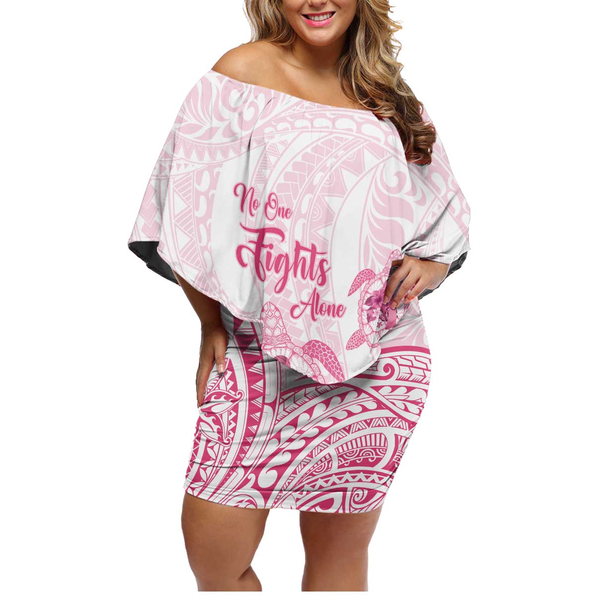 Personalised Polynesia Breast Cancer Awareness Family Matching Off Shoulder Short Dress and Hawaiian Shirt No One Fights Alone Turtle Ribbon - White Version LT14 Mom's Dress White - Polynesian Pride