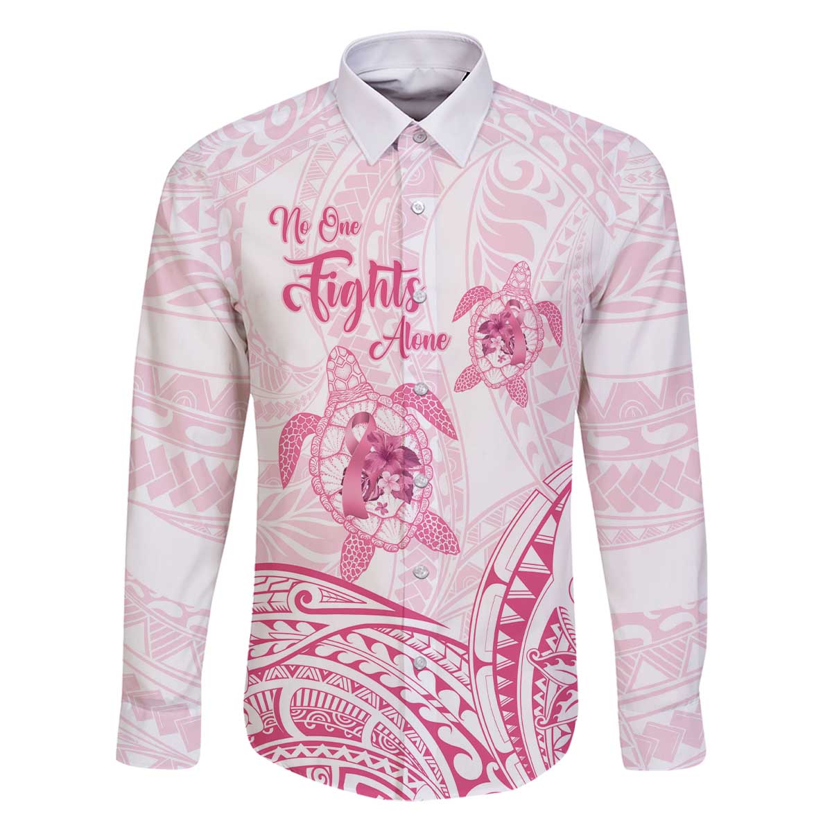 Personalised Polynesia Breast Cancer Awareness Family Matching Puletasi and Hawaiian Shirt No One Fights Alone Turtle Ribbon - White Version LT14 Dad's Shirt - Long Sleeve White - Polynesian Pride