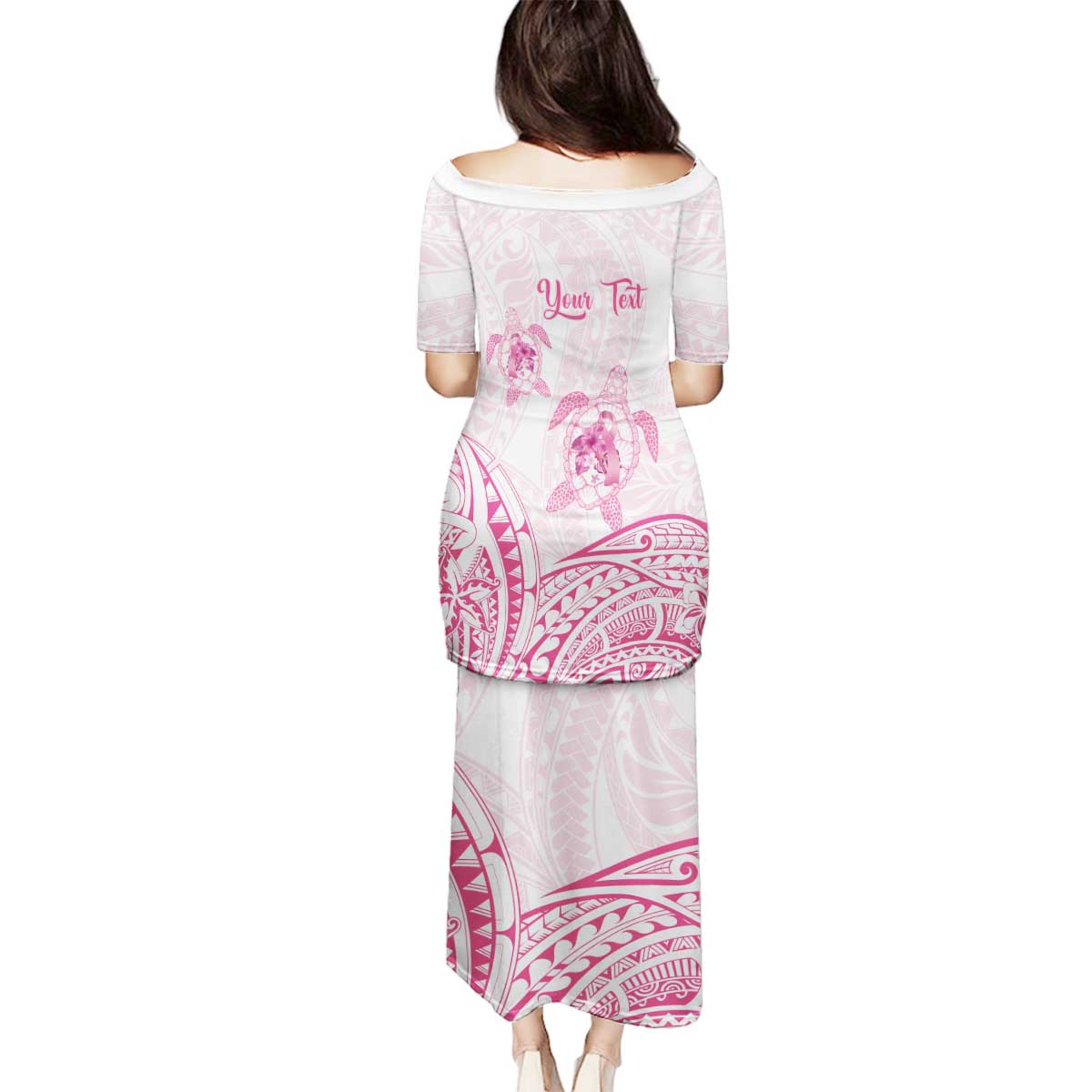 Personalised Polynesia Breast Cancer Awareness Family Matching Puletasi and Hawaiian Shirt No One Fights Alone Turtle Ribbon - White Version LT14 - Polynesian Pride