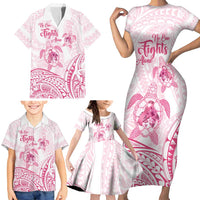 Personalised Polynesia Breast Cancer Awareness Family Matching Short Sleeve Bodycon Dress and Hawaiian Shirt No One Fights Alone Turtle Ribbon - White Version LT14 - Polynesian Pride