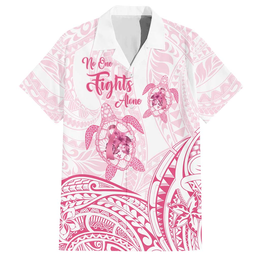 Personalised Polynesia Breast Cancer Awareness Family Matching Short Sleeve Bodycon Dress and Hawaiian Shirt No One Fights Alone Turtle Ribbon - White Version LT14 Dad's Shirt - Short Sleeve White - Polynesian Pride