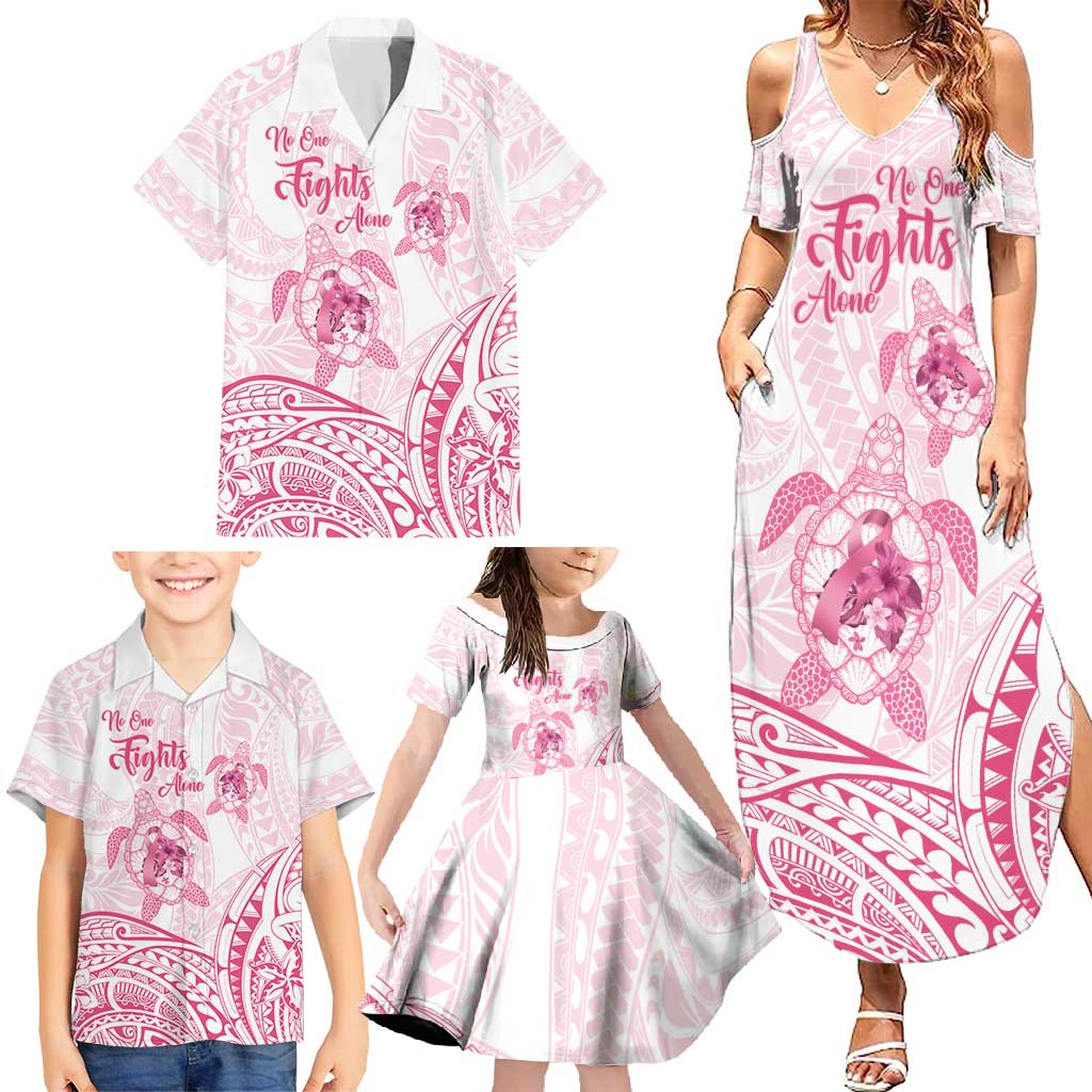 Personalised Polynesia Breast Cancer Awareness Family Matching Summer Maxi Dress and Hawaiian Shirt No One Fights Alone Turtle Ribbon - White Version LT14 - Polynesian Pride