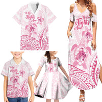 Personalised Polynesia Breast Cancer Awareness Family Matching Summer Maxi Dress and Hawaiian Shirt No One Fights Alone Turtle Ribbon - White Version LT14 - Polynesian Pride