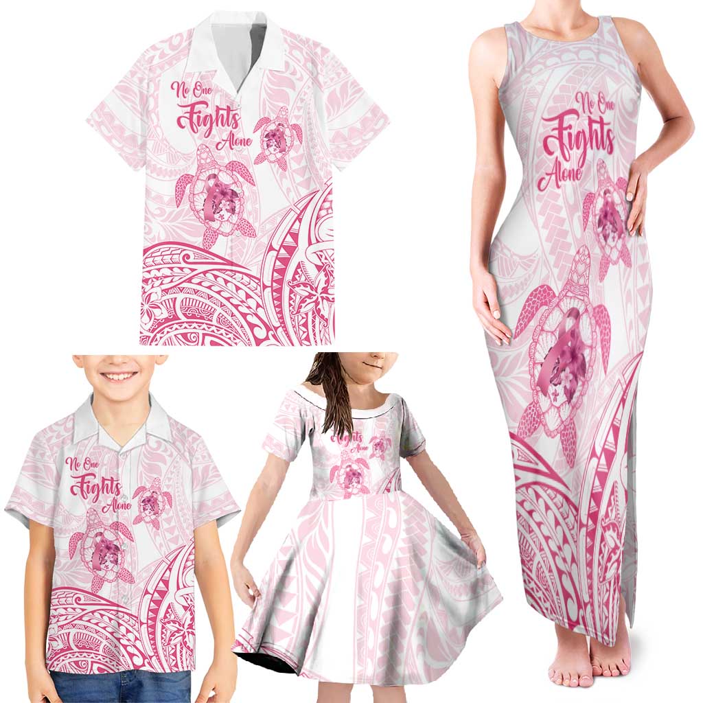 Personalised Polynesia Breast Cancer Awareness Family Matching Tank Maxi Dress and Hawaiian Shirt No One Fights Alone Turtle Ribbon - White Version LT14 - Polynesian Pride