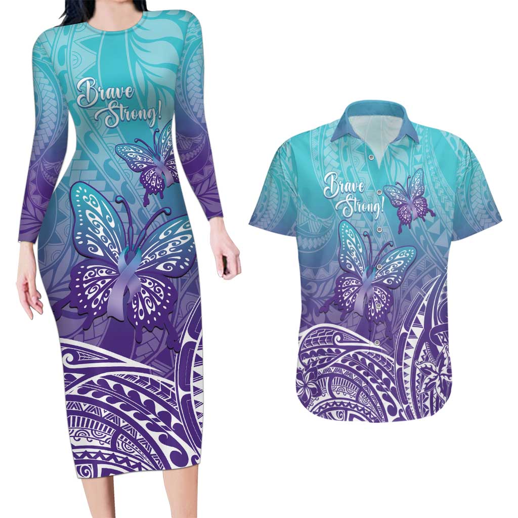 Polynesia Suicide Prevention Month Couples Matching Long Sleeve Bodycon Dress and Hawaiian Shirt Butterfly Purple And Teal Ribbon Tomorrow Needs You LT14 Teal - Polynesian Pride