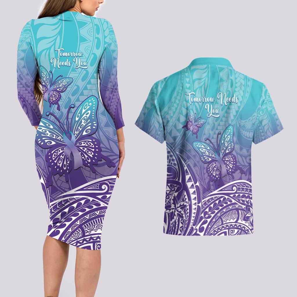 Polynesia Suicide Prevention Month Couples Matching Long Sleeve Bodycon Dress and Hawaiian Shirt Butterfly Purple And Teal Ribbon Tomorrow Needs You LT14 - Polynesian Pride