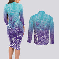 Polynesia Suicide Prevention Month Couples Matching Long Sleeve Bodycon Dress and Long Sleeve Button Shirt Butterfly Purple And Teal Ribbon Tomorrow Needs You LT14 - Polynesian Pride