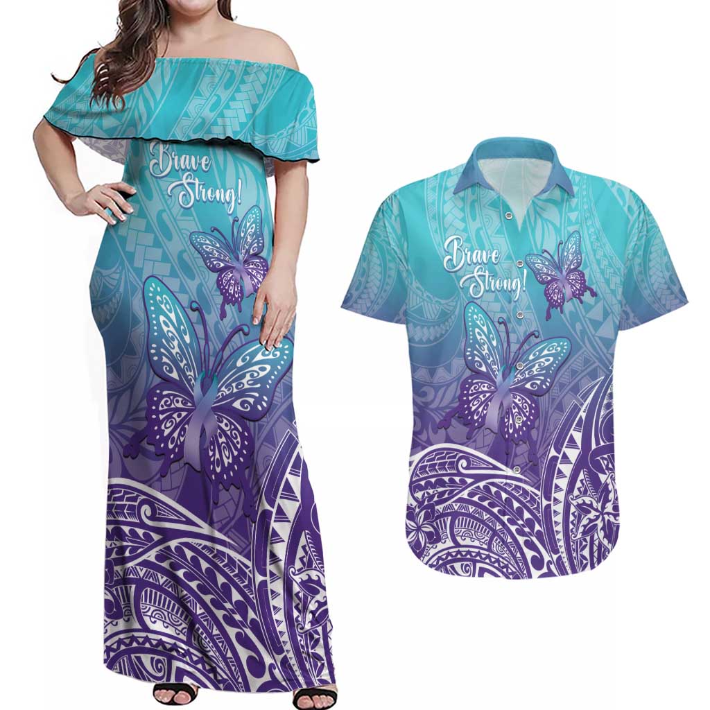 Polynesia Suicide Prevention Month Couples Matching Off Shoulder Maxi Dress and Hawaiian Shirt Butterfly Purple And Teal Ribbon Tomorrow Needs You LT14 Teal - Polynesian Pride