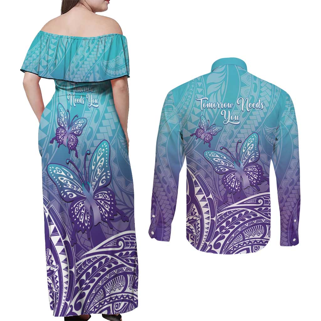 Polynesia Suicide Prevention Month Couples Matching Off Shoulder Maxi Dress and Long Sleeve Button Shirt Butterfly Purple And Teal Ribbon Tomorrow Needs You LT14 - Polynesian Pride