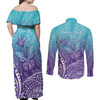 Polynesia Suicide Prevention Month Couples Matching Off Shoulder Maxi Dress and Long Sleeve Button Shirt Butterfly Purple And Teal Ribbon Tomorrow Needs You LT14 - Polynesian Pride