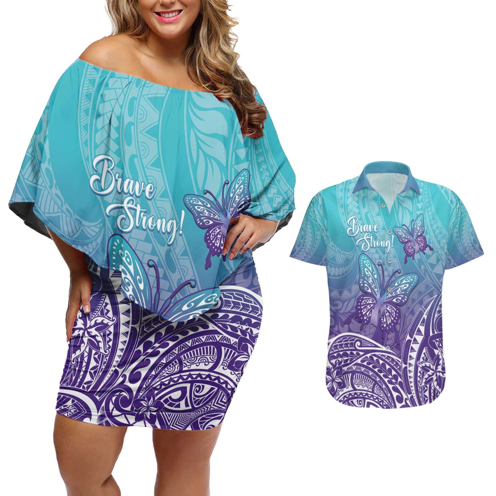 Polynesia Suicide Prevention Month Couples Matching Off Shoulder Short Dress and Hawaiian Shirt Butterfly Purple And Teal Ribbon Tomorrow Needs You LT14 Teal - Polynesian Pride