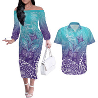 Polynesia Suicide Prevention Month Couples Matching Off The Shoulder Long Sleeve Dress and Hawaiian Shirt Butterfly Purple And Teal Ribbon Tomorrow Needs You LT14 Teal - Polynesian Pride