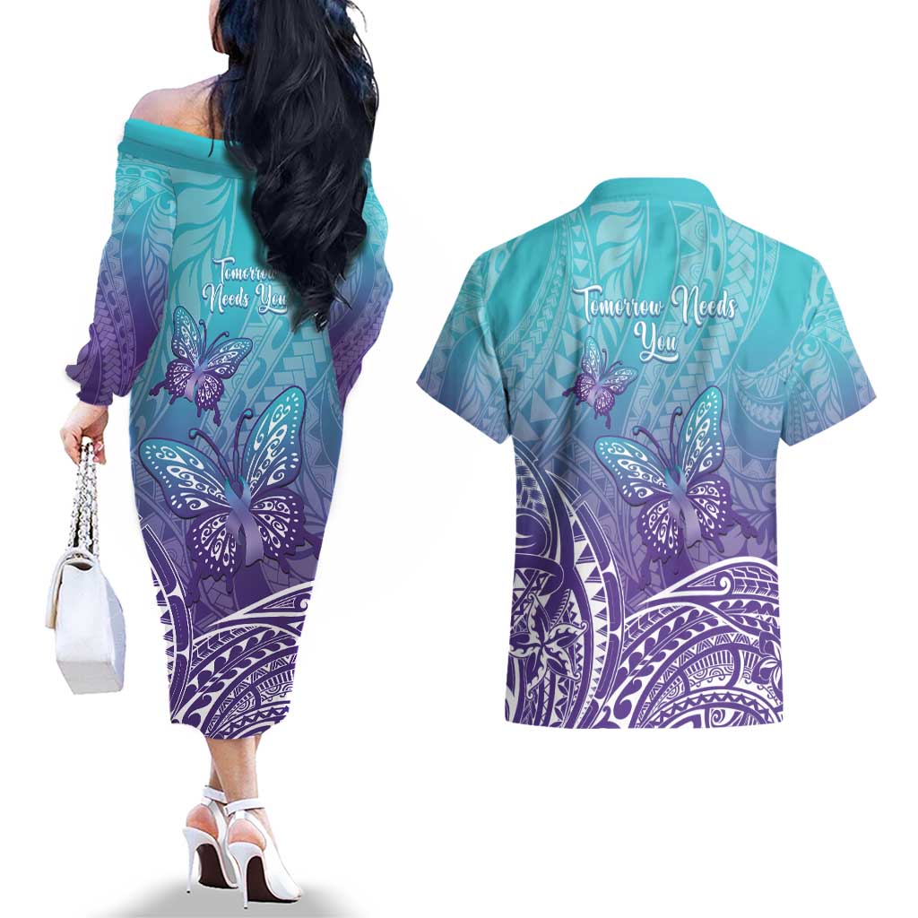 Polynesia Suicide Prevention Month Couples Matching Off The Shoulder Long Sleeve Dress and Hawaiian Shirt Butterfly Purple And Teal Ribbon Tomorrow Needs You LT14 - Polynesian Pride