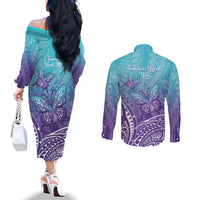 Polynesia Suicide Prevention Month Couples Matching Off The Shoulder Long Sleeve Dress and Long Sleeve Button Shirt Butterfly Purple And Teal Ribbon Tomorrow Needs You LT14 - Polynesian Pride