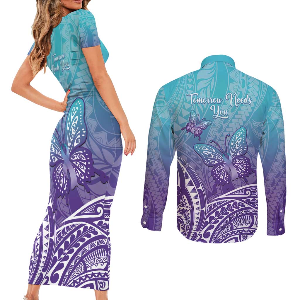Polynesia Suicide Prevention Month Couples Matching Short Sleeve Bodycon Dress and Long Sleeve Button Shirt Butterfly Purple And Teal Ribbon Tomorrow Needs You LT14 - Polynesian Pride
