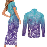 Polynesia Suicide Prevention Month Couples Matching Short Sleeve Bodycon Dress and Long Sleeve Button Shirt Butterfly Purple And Teal Ribbon Tomorrow Needs You LT14 - Polynesian Pride