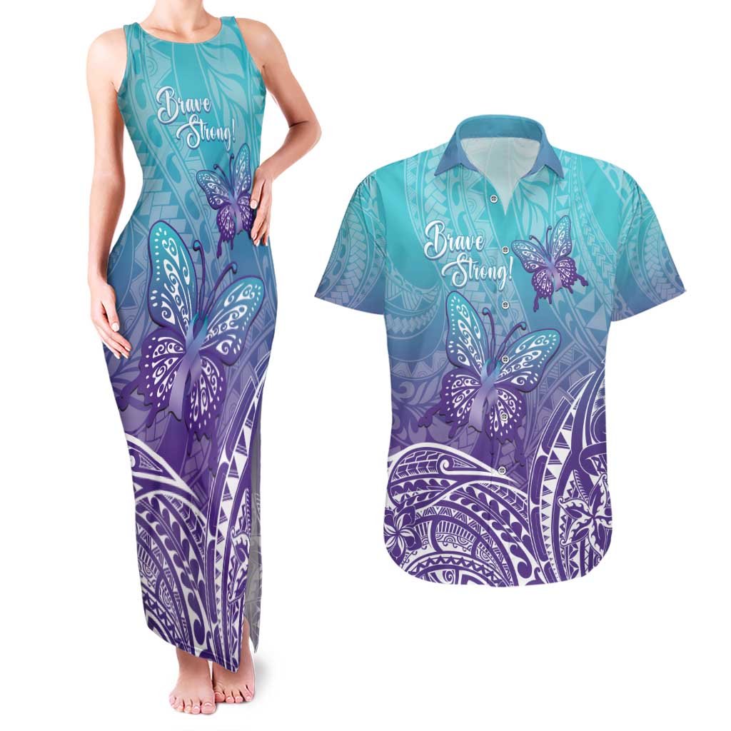Polynesia Suicide Prevention Month Couples Matching Tank Maxi Dress and Hawaiian Shirt Butterfly Purple And Teal Ribbon Tomorrow Needs You LT14 Teal - Polynesian Pride
