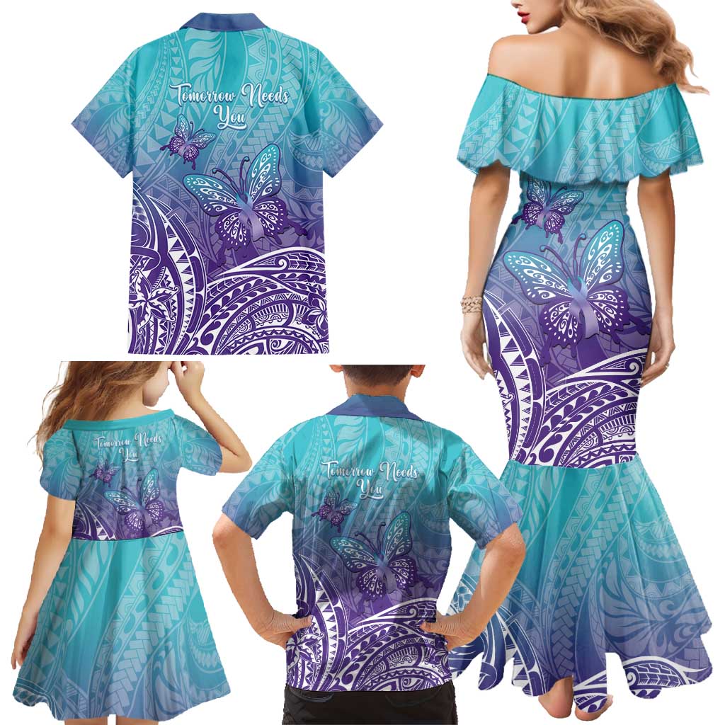 Polynesia Suicide Prevention Month Family Matching Mermaid Dress and Hawaiian Shirt Butterfly Purple And Teal Ribbon Tomorrow Needs You LT14 - Polynesian Pride