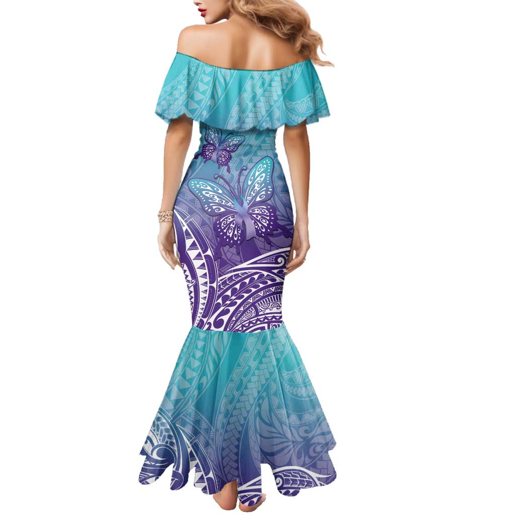 Polynesia Suicide Prevention Month Family Matching Mermaid Dress and Hawaiian Shirt Butterfly Purple And Teal Ribbon Tomorrow Needs You LT14 - Polynesian Pride