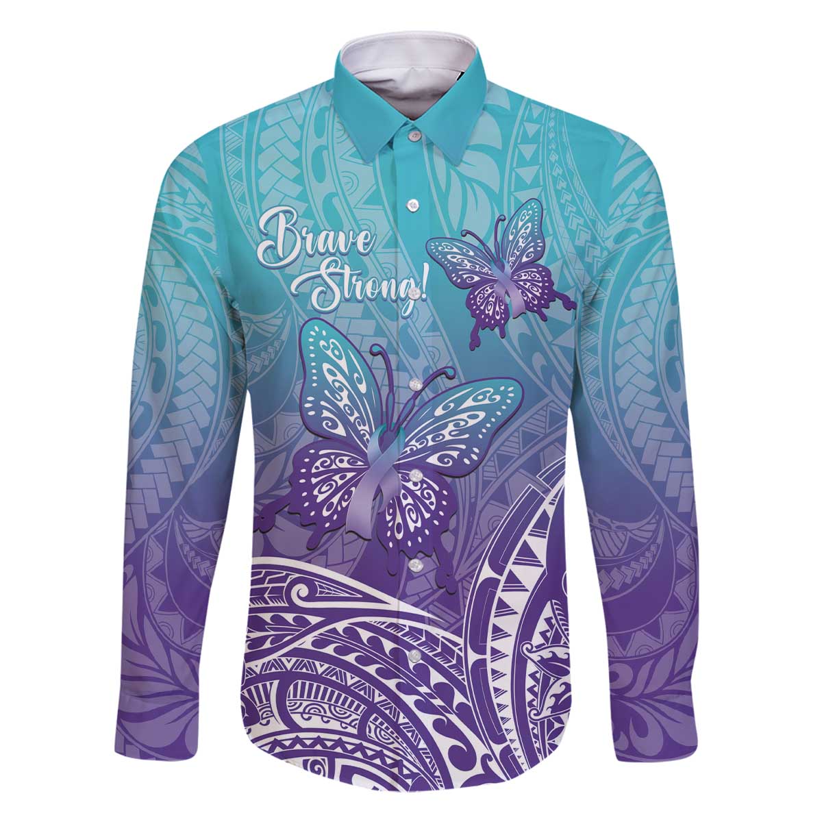 Polynesia Suicide Prevention Month Family Matching Off The Shoulder Long Sleeve Dress and Hawaiian Shirt Butterfly Purple And Teal Ribbon Tomorrow Needs You LT14 Dad's Shirt - Long Sleeve Teal - Polynesian Pride