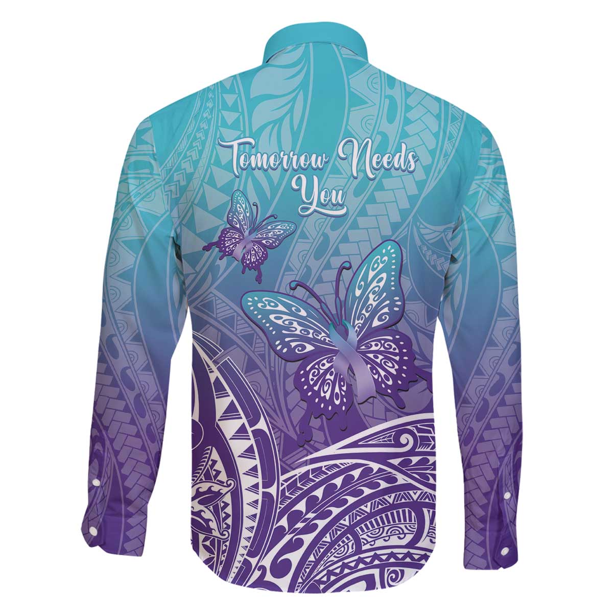 Polynesia Suicide Prevention Month Family Matching Off Shoulder Short Dress and Hawaiian Shirt Butterfly Purple And Teal Ribbon Tomorrow Needs You LT14 - Polynesian Pride