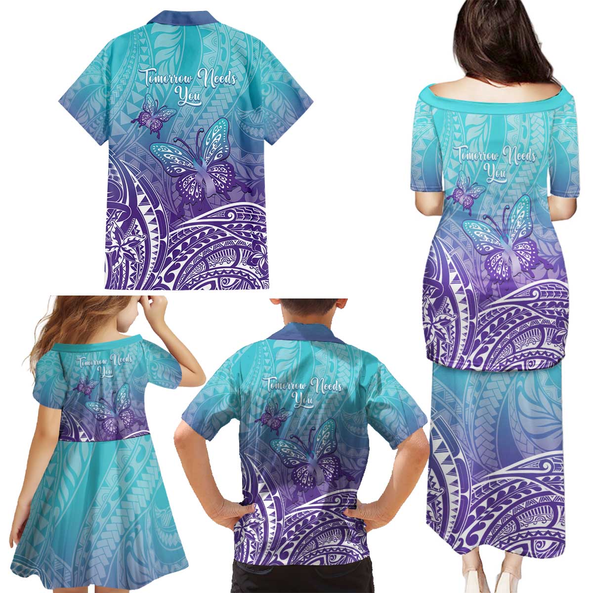 Polynesia Suicide Prevention Month Family Matching Puletasi and Hawaiian Shirt Butterfly Purple And Teal Ribbon Tomorrow Needs You LT14 - Polynesian Pride