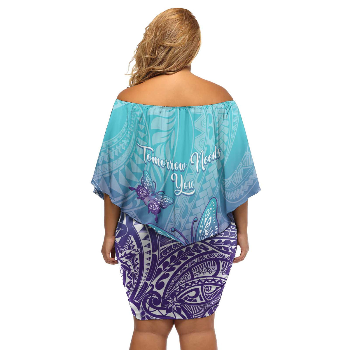 Polynesia Suicide Prevention Month Off Shoulder Short Dress Butterfly Purple And Teal Ribbon Tomorrow Needs You