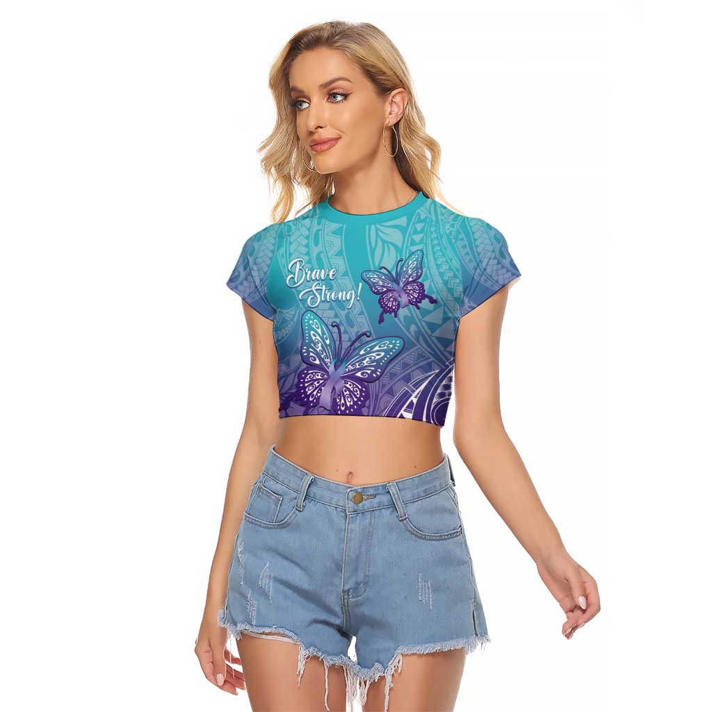 Polynesia Suicide Prevention Month Raglan Cropped T Shirt Butterfly Purple And Teal Ribbon Tomorrow Needs You