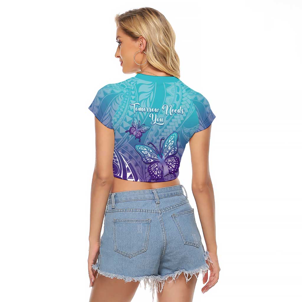 Polynesia Suicide Prevention Month Raglan Cropped T Shirt Butterfly Purple And Teal Ribbon Tomorrow Needs You