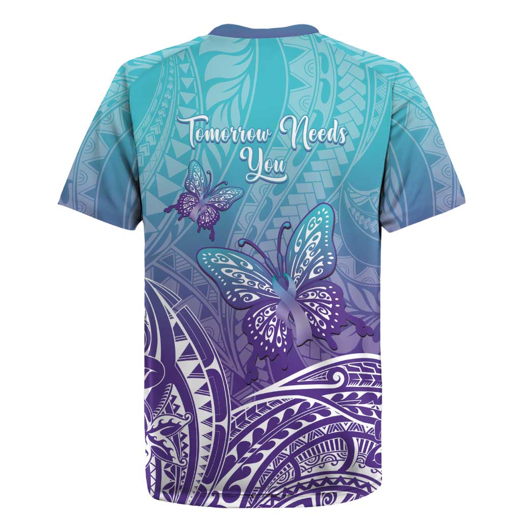 Polynesia Suicide Prevention Month Rugby Jersey Butterfly Purple And Teal Ribbon Tomorrow Needs You