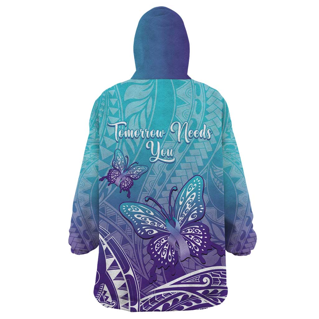 Polynesia Suicide Prevention Month Wearable Blanket Hoodie Butterfly Purple And Teal Ribbon Tomorrow Needs You LT14 - Polynesian Pride
