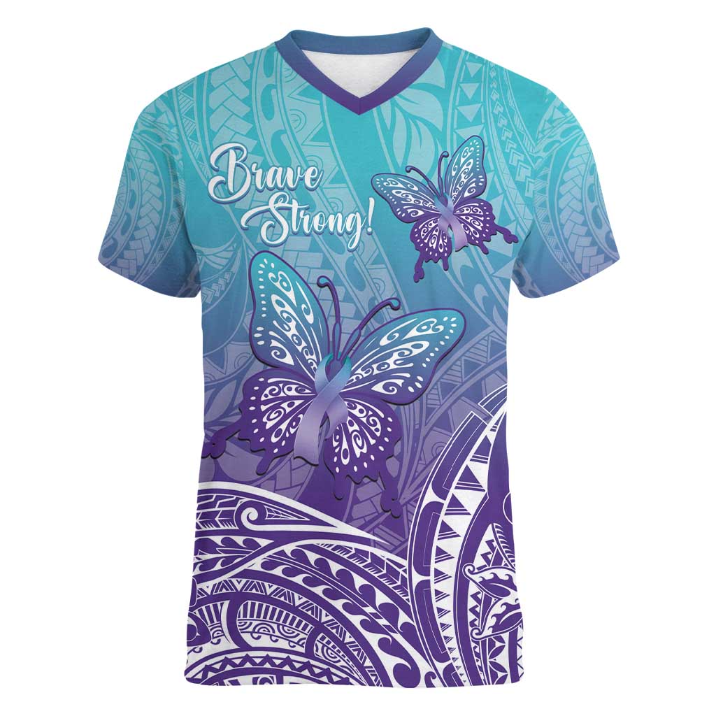 Polynesia Suicide Prevention Month Women V-Neck T-Shirt Butterfly Purple And Teal Ribbon Tomorrow Needs You LT14 Female Teal - Polynesian Pride