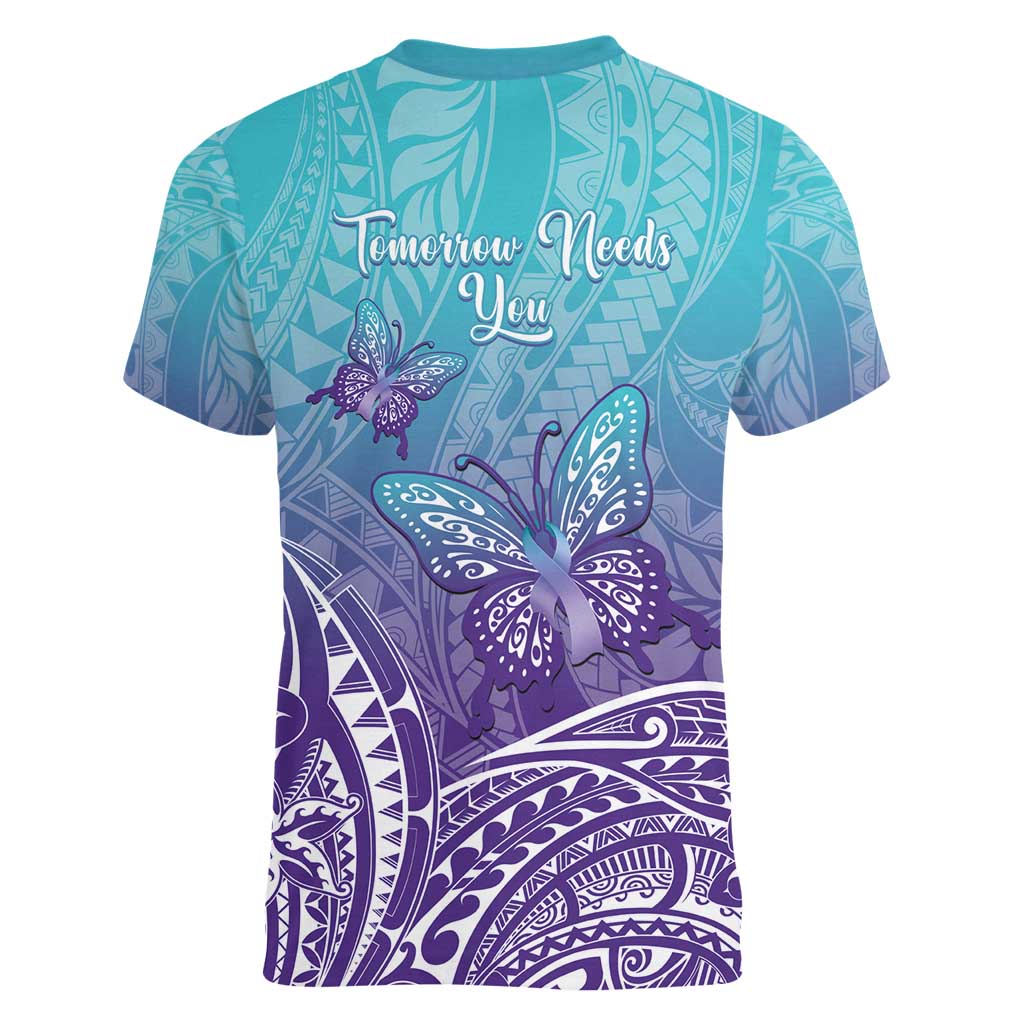 Polynesia Suicide Prevention Month Women V-Neck T-Shirt Butterfly Purple And Teal Ribbon Tomorrow Needs You LT14 - Polynesian Pride