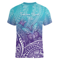 Polynesia Suicide Prevention Month Women V-Neck T-Shirt Butterfly Purple And Teal Ribbon Tomorrow Needs You LT14 - Polynesian Pride