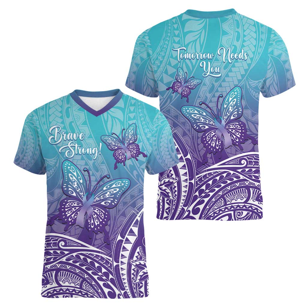 Polynesia Suicide Prevention Month Women V-Neck T-Shirt Butterfly Purple And Teal Ribbon Tomorrow Needs You LT14 - Polynesian Pride