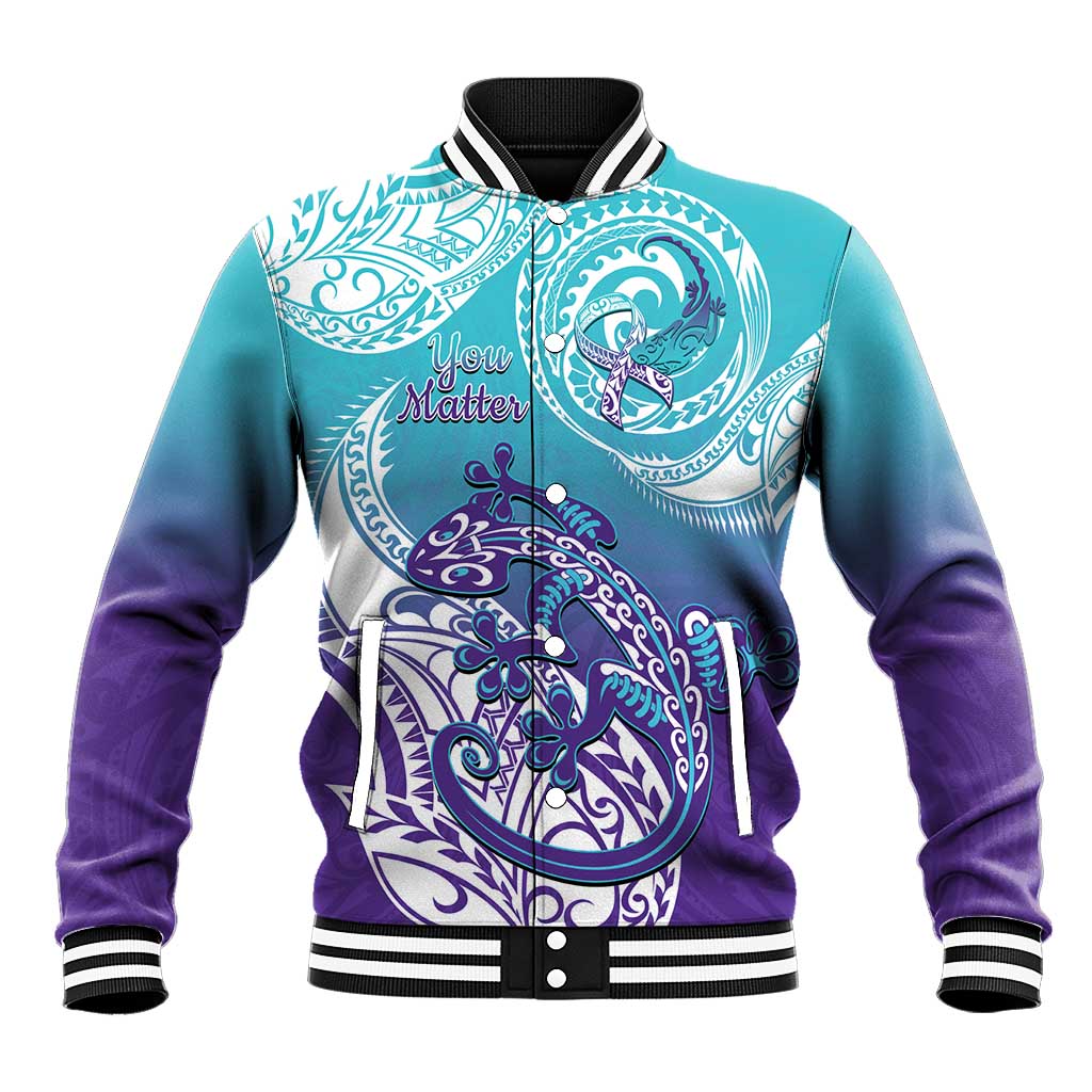 Personalised New Zealand Suicide Prevention Month Baseball Jacket You Matter NZ Fern With Maori Koru Lizard LT14 Unisex Teal - Polynesian Pride